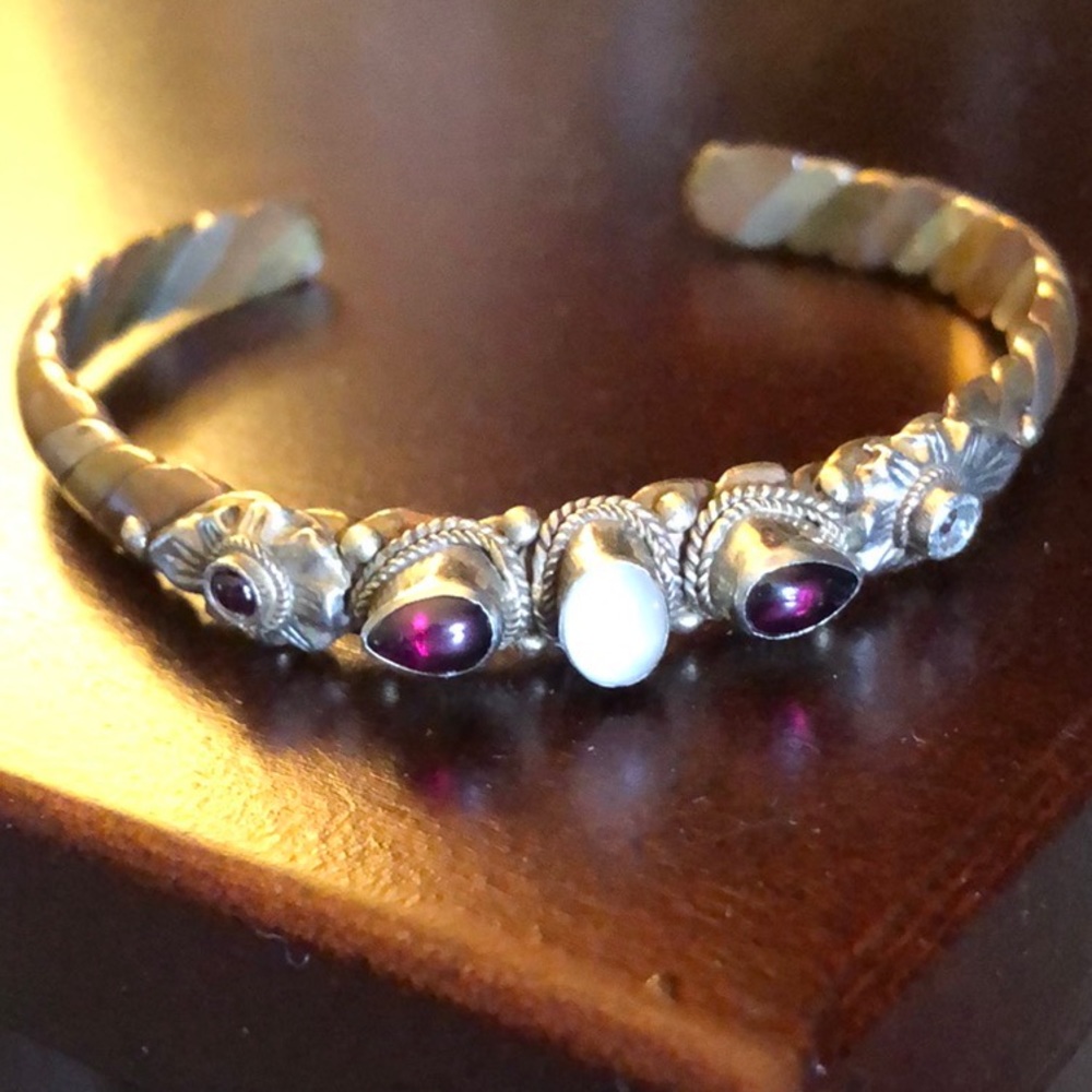 Vintage Garnet + Moonstone Mixed Metal Bangle Bracelet